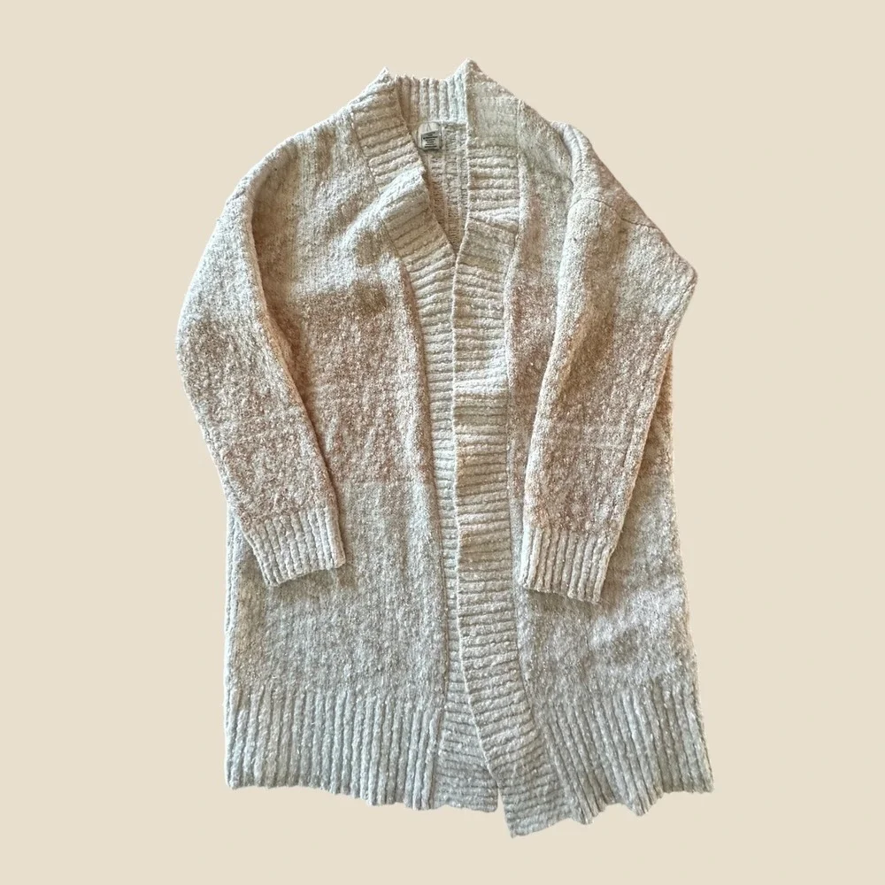 Joie Womens Cream Tan Boucle Knit Open Front Longline Cardigan Sweater Large